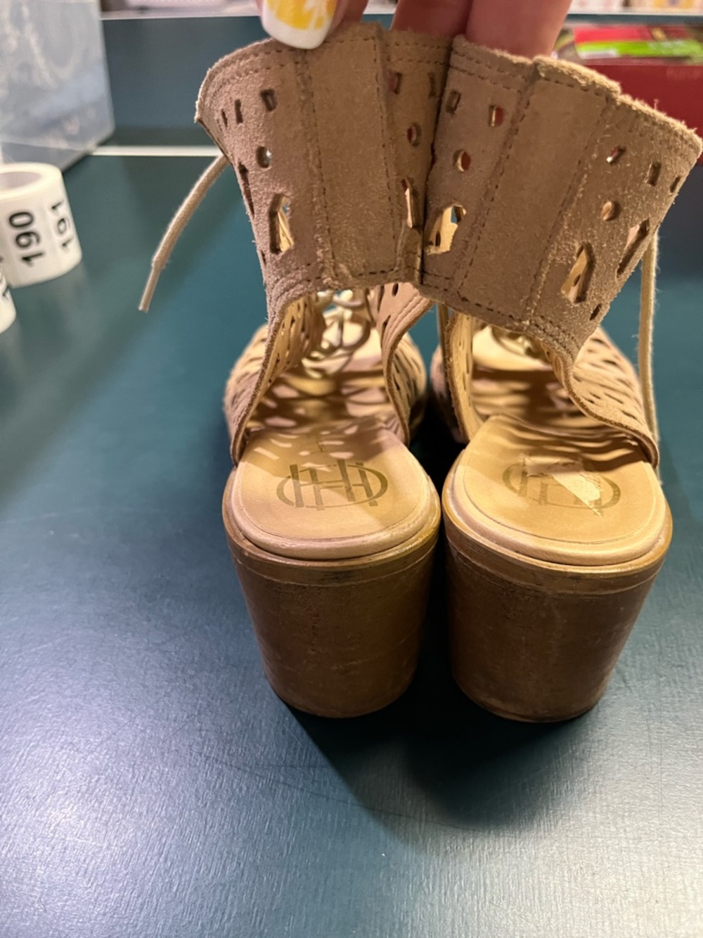 House of Harlow 1960 Tan Laser-Cut Lace-Up Block Heel Sandals - Picture 10 of 11
